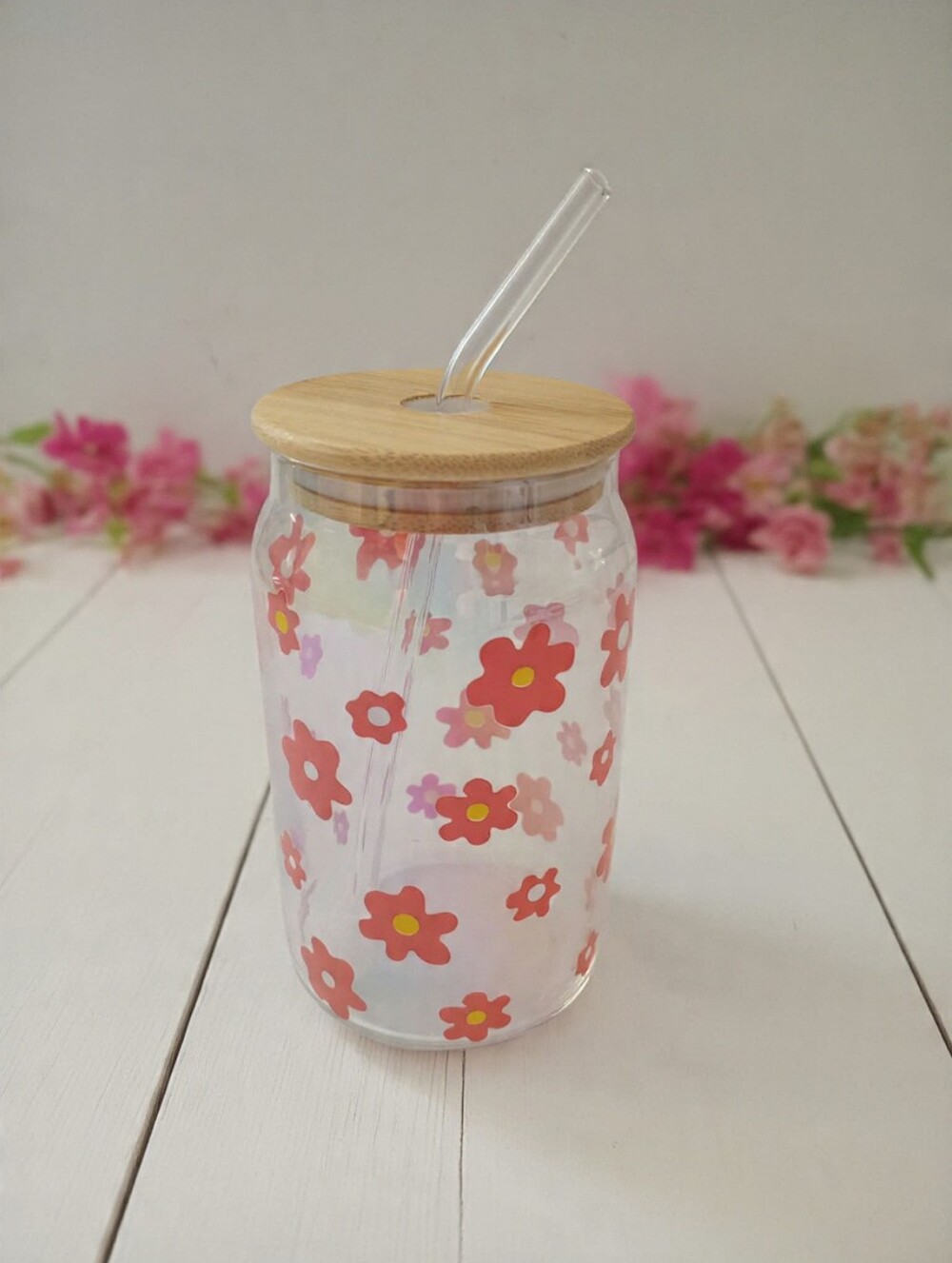 Retro Floral Glass Tumbler Cup Bamboo Lid & Glass Straw Pink Flowers
